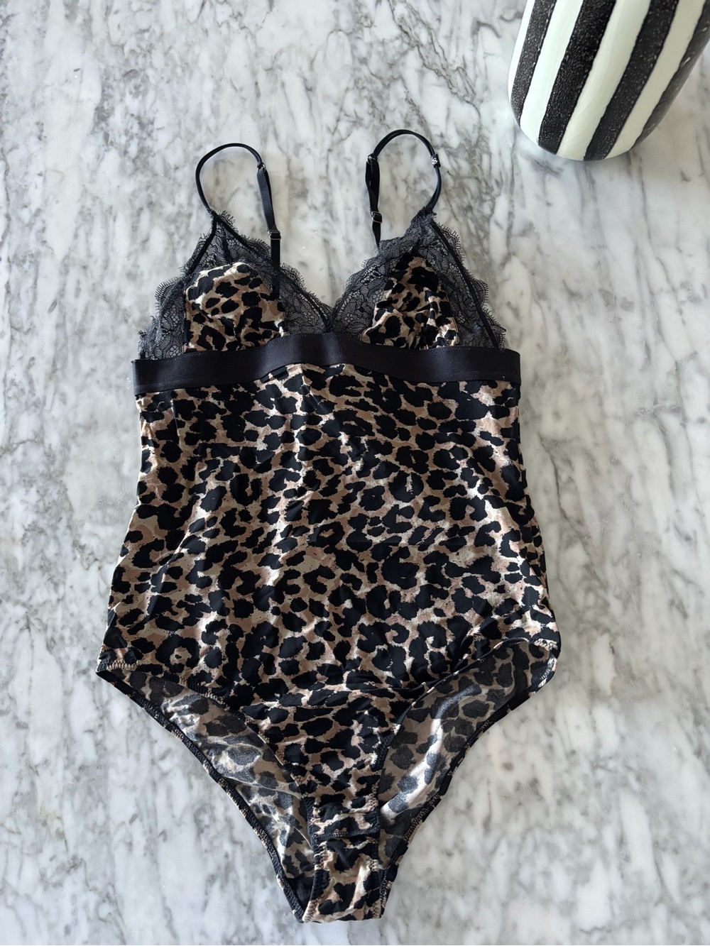 Leopard Satin Lace-Trim Bodysuit - Black & Brown